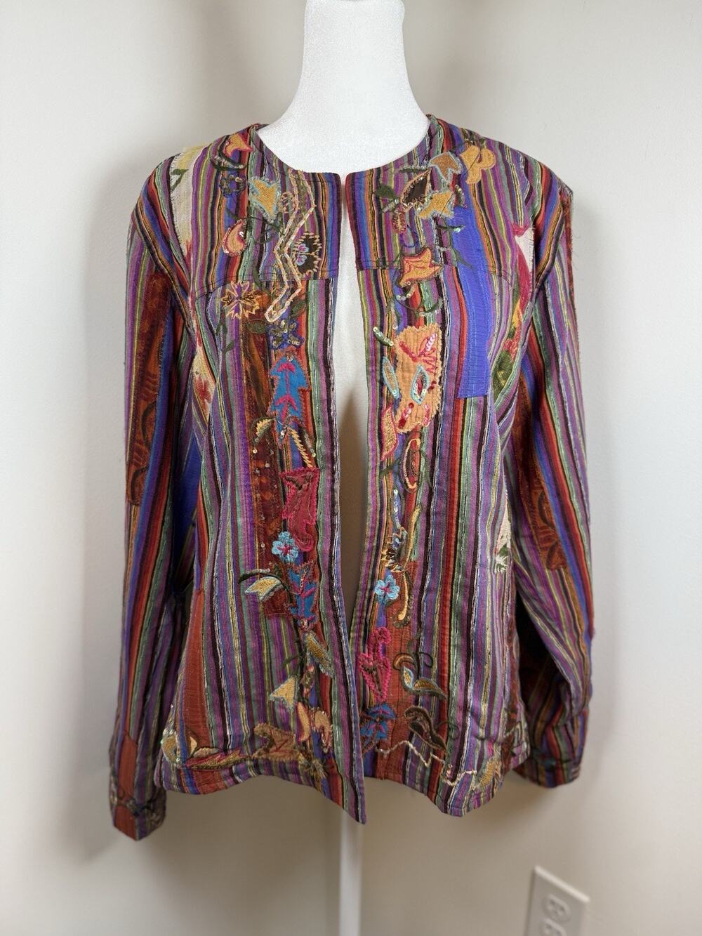 Chicos Size 2 L Jacket Colorful Patchwork Embroidered Beaded Art to Wear Boho